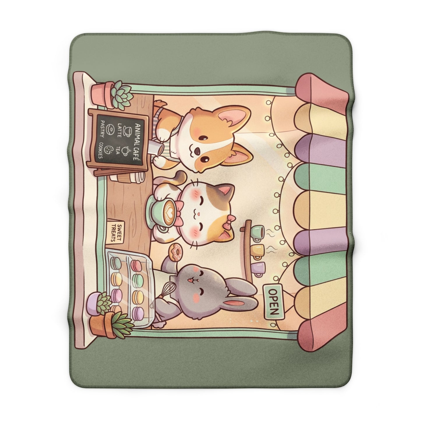 Sherpa Fleece Blanket — Cute Kawaii Pet Café Design (Corgi, Cat & Bunny)