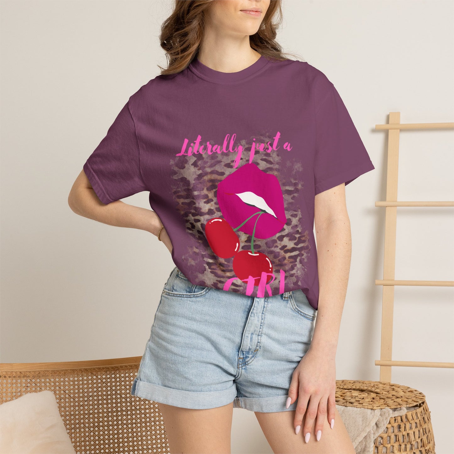 Graphic T-Shirt — "Literally Just a Girl" Pink Lips & Cherries Tee