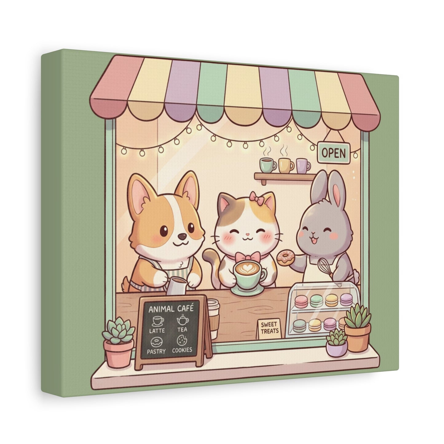 Cute Animal Cafe Canvas Wall Art – Kawaii Cat, Corgi & Bunny Coffee Shop Print