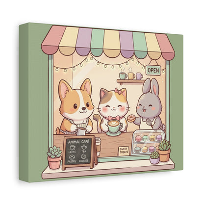 Cute Animal Cafe Canvas Wall Art – Kawaii Cat, Corgi & Bunny Coffee Shop Print