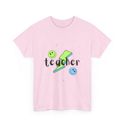 Teacher Lightning Bolt T‑Shirt — Cute Smiley Faces Teacher Tee (Back Plain)