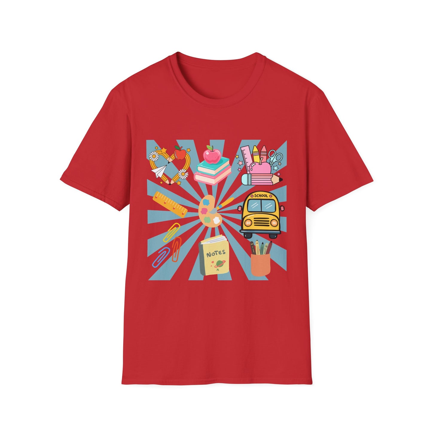 Back to School Graphic T-Shirt — Colorful School Icons (Apple, Bus, Books)
