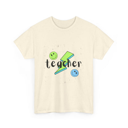 Teacher Lightning Bolt T‑Shirt — Cute Smiley Faces Teacher Tee (Back Plain)