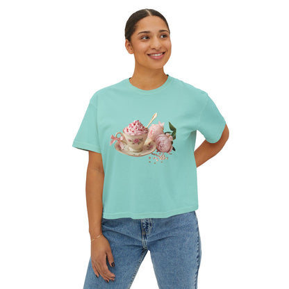 Vintage Teacup & Roses Boxy Tee — Floral Tea Party Graphic Shirt