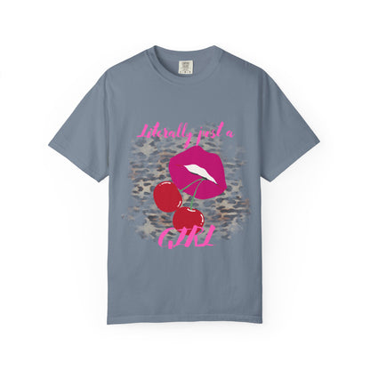 Graphic T-Shirt — "Literally Just a Girl" Pink Lips & Cherries Tee