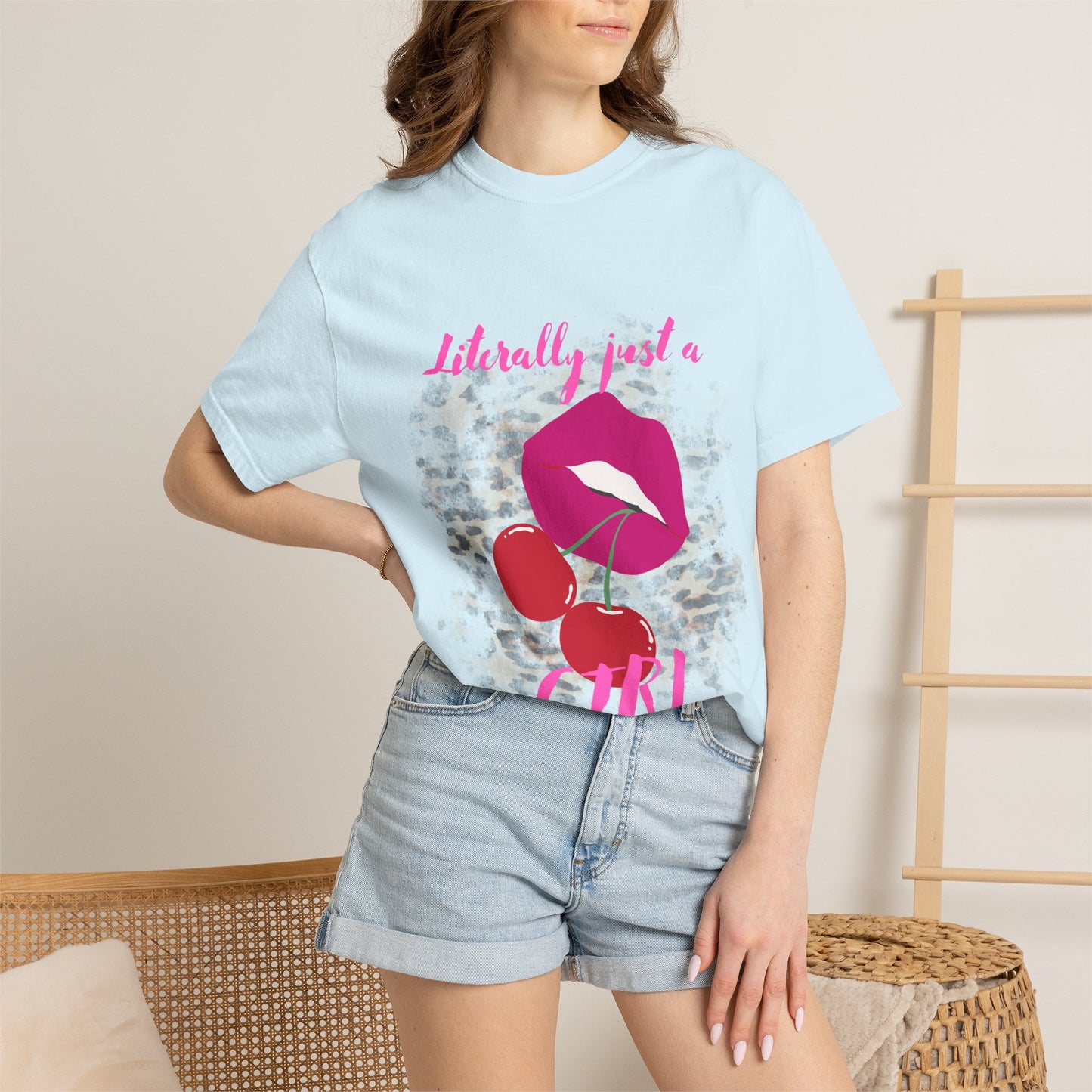 Graphic T-Shirt — "Literally Just a Girl" Pink Lips & Cherries Tee