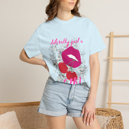 Graphic T-Shirt — "Literally Just a Girl" Pink Lips & Cherries Tee