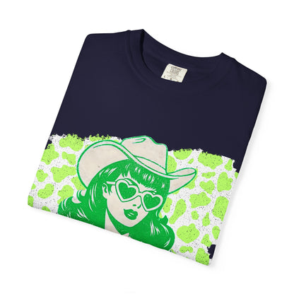 Howdy Cowgirl Graphic T-Shirt — Retro Neon Green Leopard Print with “howdy” Script
