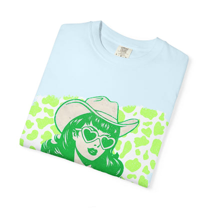 Howdy Cowgirl Graphic T-Shirt — Retro Neon Green Leopard Print with “howdy” Script