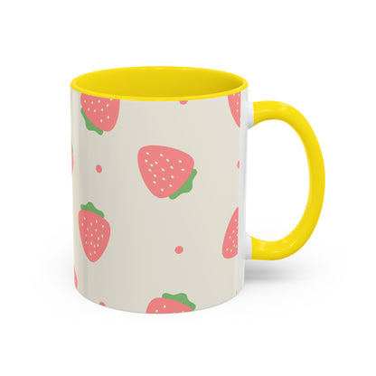 Strawberry Pattern Accent Coffee Mug — Cute Pink Fruit Ceramic Mug (11/15oz)