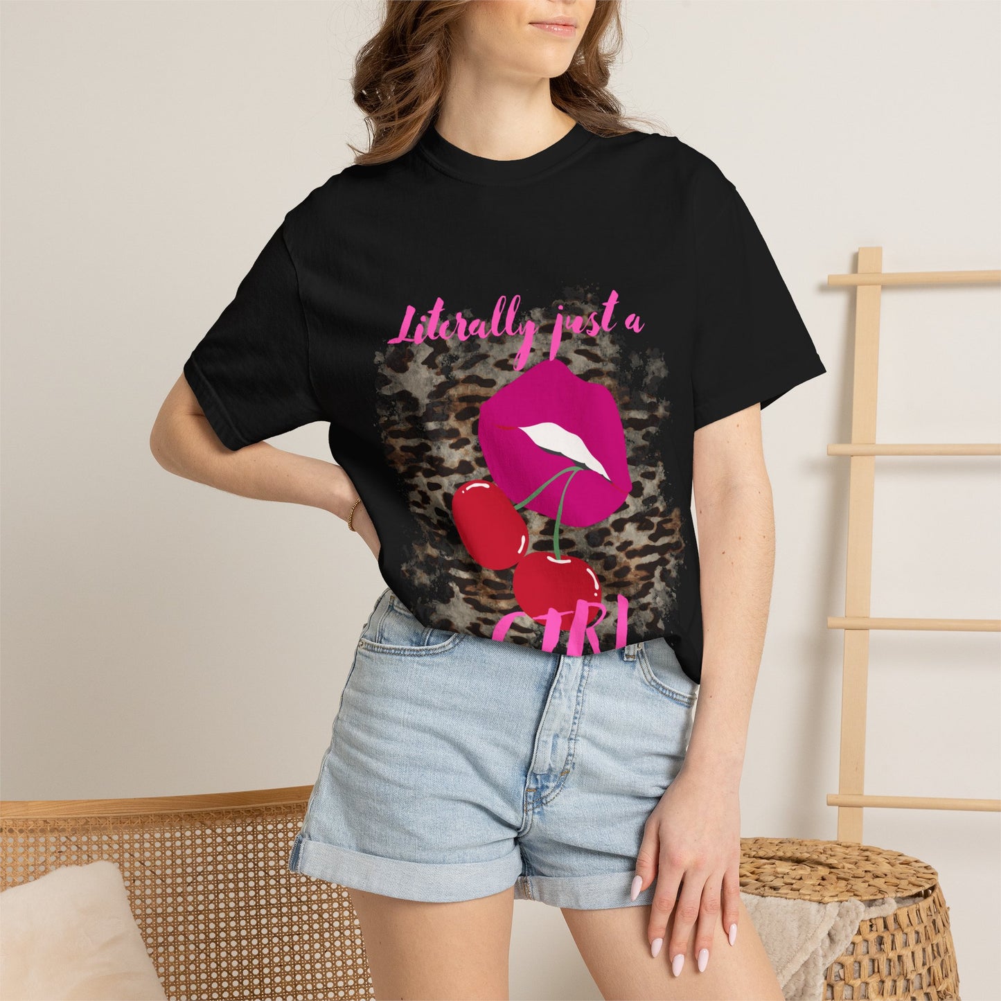 Graphic T-Shirt — "Literally Just a Girl" Pink Lips & Cherries Tee