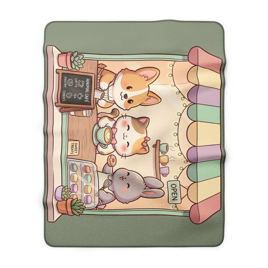 Sherpa Fleece Blanket — Cute Kawaii Pet Café Design (Corgi, Cat & Bunny)