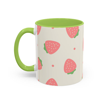 Strawberry Pattern Accent Coffee Mug — Cute Pink Fruit Ceramic Mug (11/15oz)