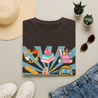 Back to School Graphic T-Shirt — Colorful School Icons (Apple, Bus, Books)