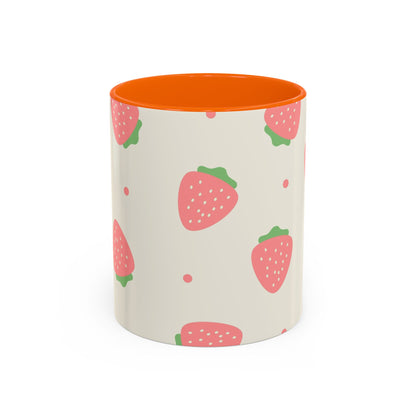 Strawberry Pattern Accent Coffee Mug — Cute Pink Fruit Ceramic Mug (11/15oz)