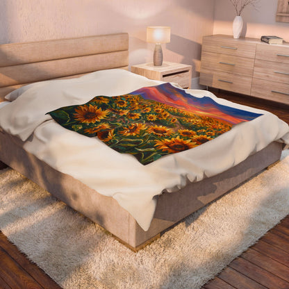 Sunflower Field Velveteen Plush Blanket — Cozy Floral Sunset Throw