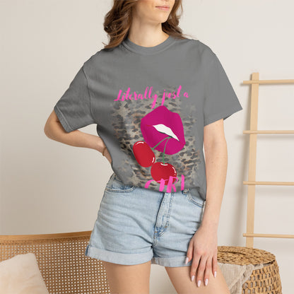 Graphic T-Shirt — "Literally Just a Girl" Pink Lips & Cherries Tee