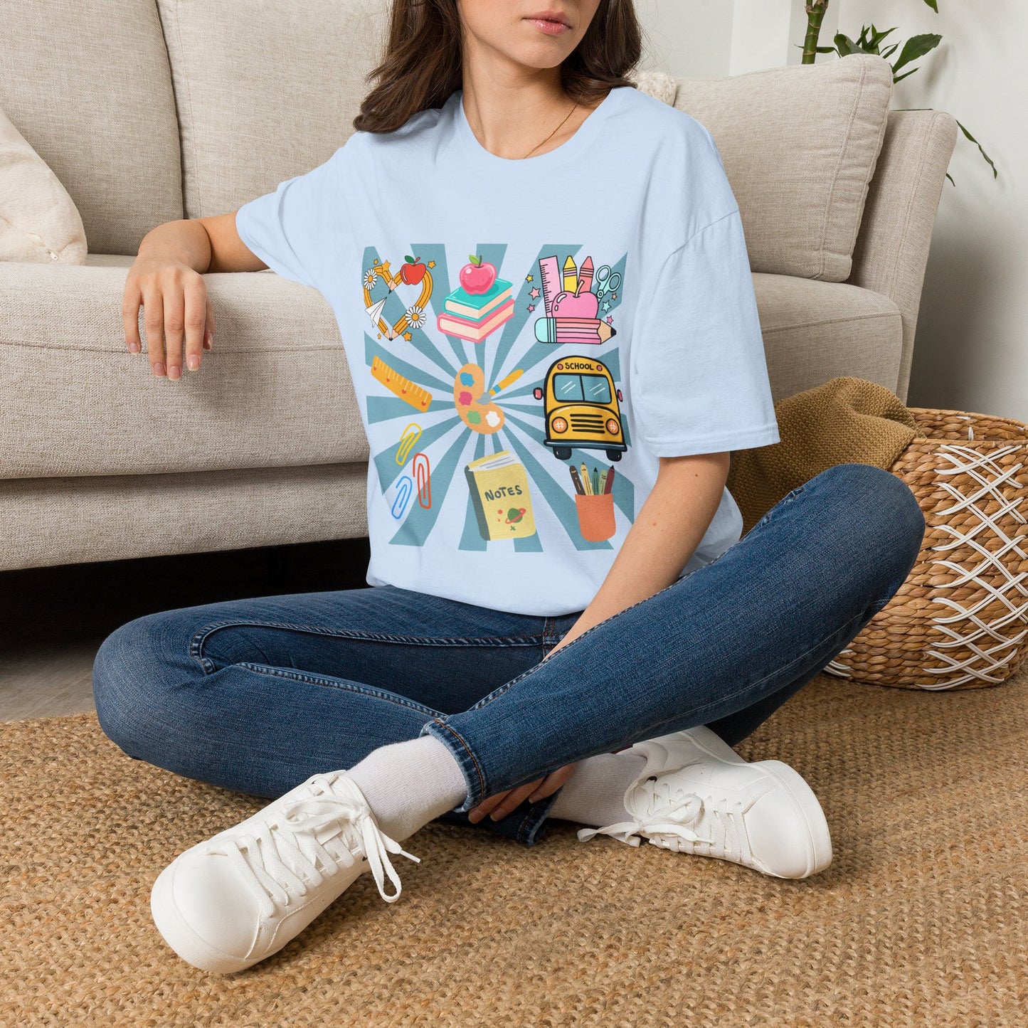 Back to School Graphic T-Shirt — Colorful School Icons (Apple, Bus, Books)