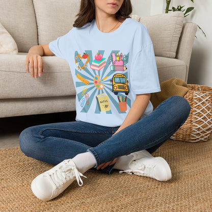 Back to School Graphic T-Shirt — Colorful School Icons (Apple, Bus, Books)