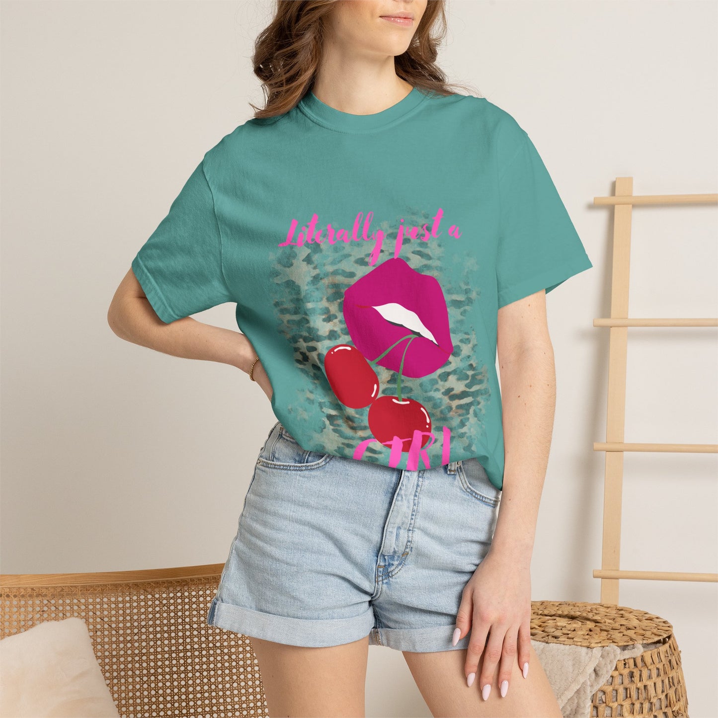 Graphic T-Shirt — "Literally Just a Girl" Pink Lips & Cherries Tee