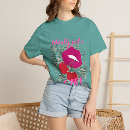 Graphic T-Shirt — "Literally Just a Girl" Pink Lips & Cherries Tee
