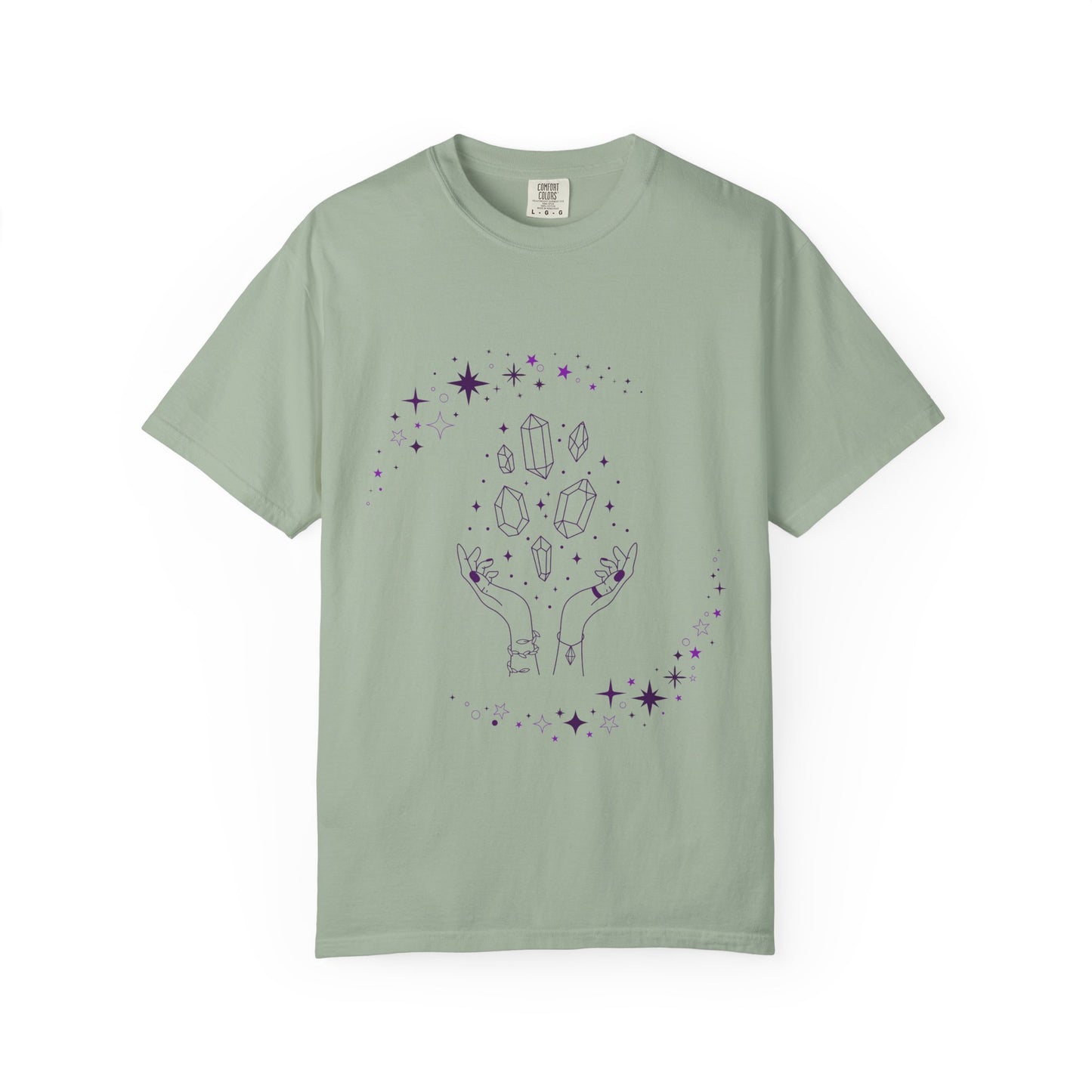 Crystal Reading T-Shirt — Mystical Hands, Floating Crystals & Stars Tee