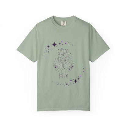 Crystal Reading T-Shirt — Mystical Hands, Floating Crystals & Stars Tee