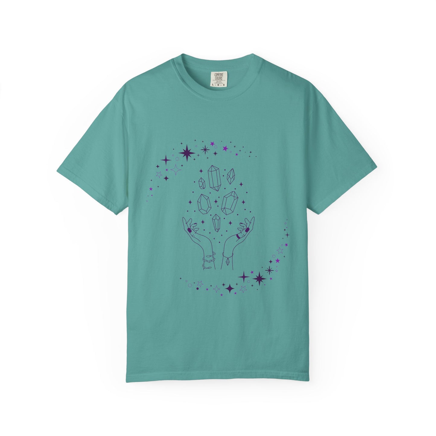 Crystal Reading T-Shirt — Mystical Hands, Floating Crystals & Stars Tee