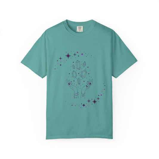 Crystal Reading T-Shirt — Mystical Hands, Floating Crystals & Stars Tee