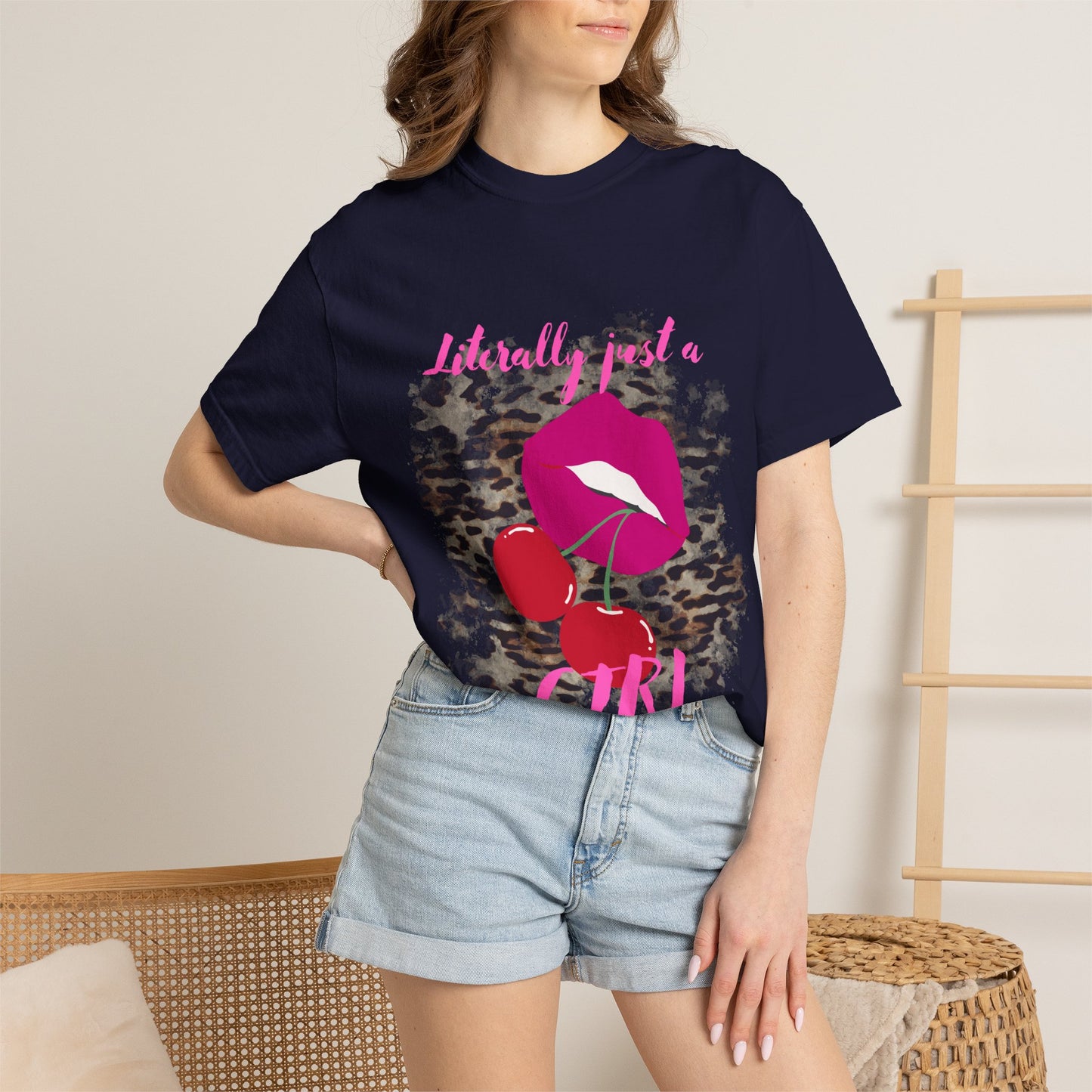 Graphic T-Shirt — "Literally Just a Girl" Pink Lips & Cherries Tee