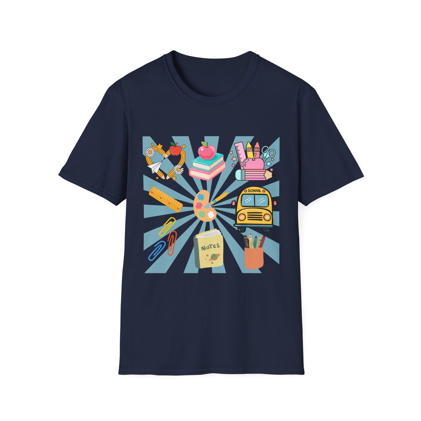 Back to School Graphic T-Shirt — Colorful School Icons (Apple, Bus, Books)