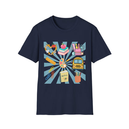 Back to School Graphic T-Shirt — Colorful School Icons (Apple, Bus, Books)