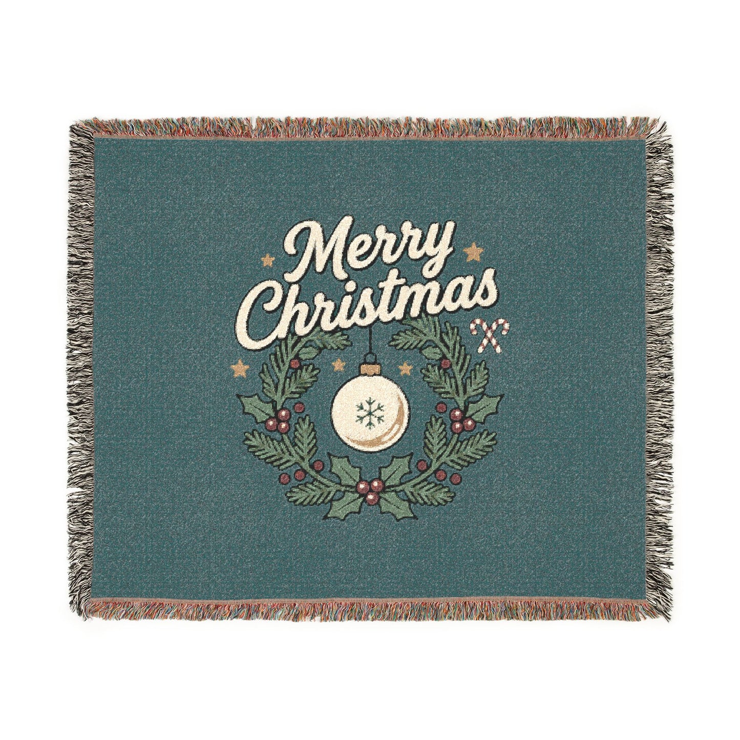 Merry Christmas Woven Throw Blanket — Holiday Wreath & Ornament Design