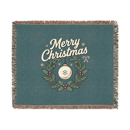 Merry Christmas Woven Throw Blanket — Holiday Wreath & Ornament Design