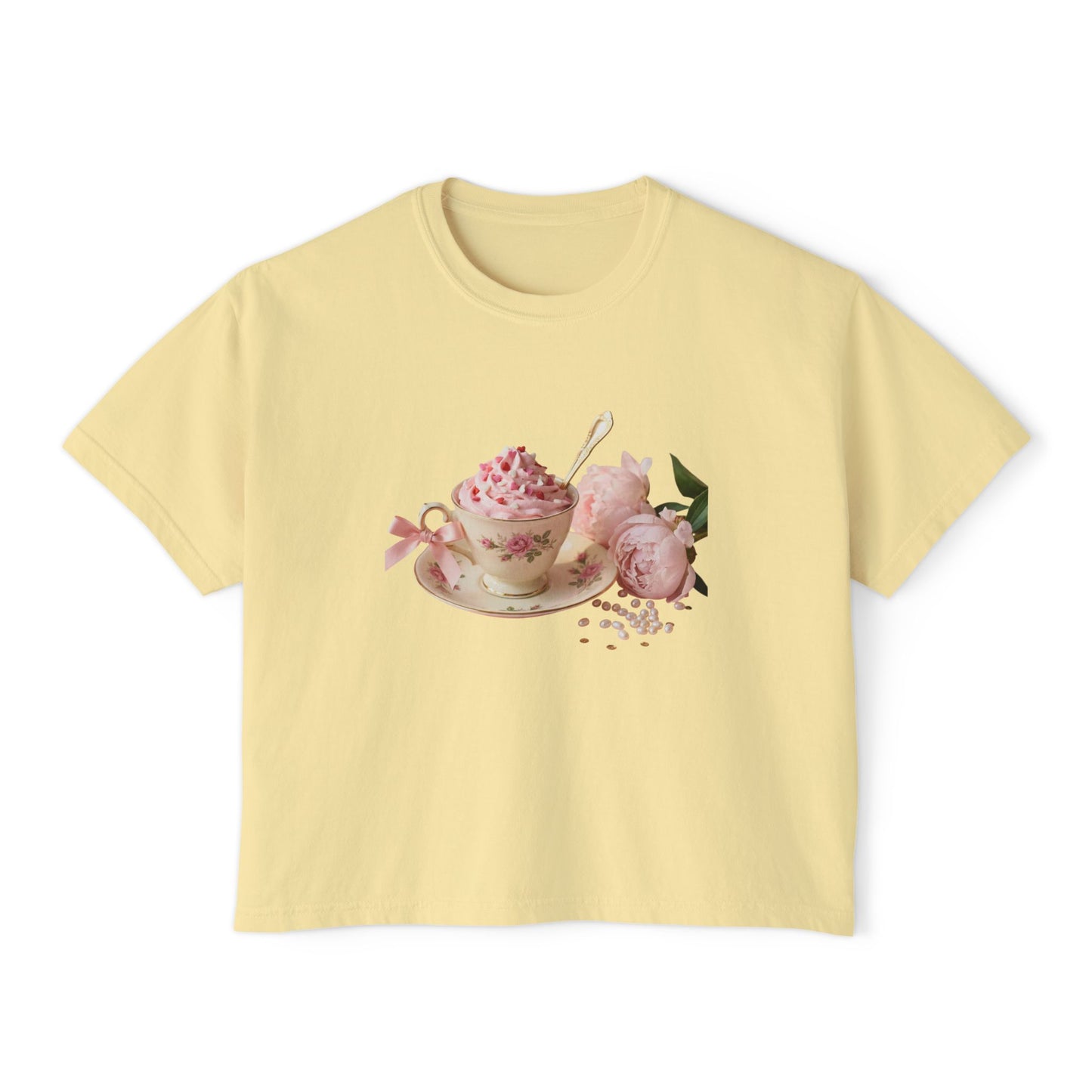 Vintage Teacup & Roses Boxy Tee — Floral Tea Party Graphic Shirt