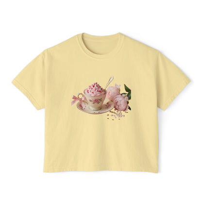 Vintage Teacup & Roses Boxy Tee — Floral Tea Party Graphic Shirt