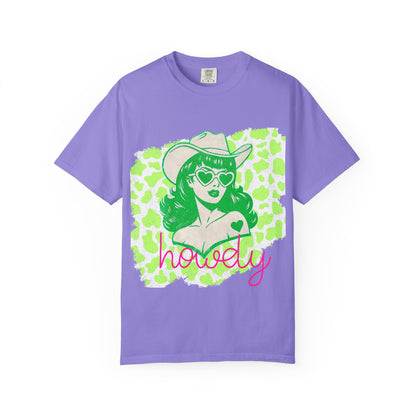 Howdy Cowgirl Graphic T-Shirt — Retro Neon Green Leopard Print with “howdy” Script