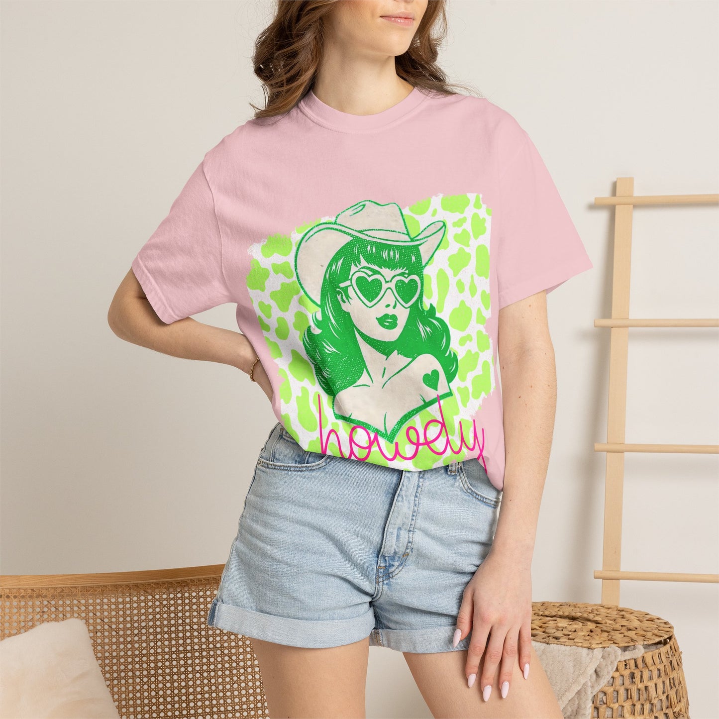 Howdy Cowgirl Graphic T-Shirt — Retro Neon Green Leopard Print with “howdy” Script