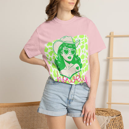 Howdy Cowgirl Graphic T-Shirt — Retro Neon Green Leopard Print with “howdy” Script
