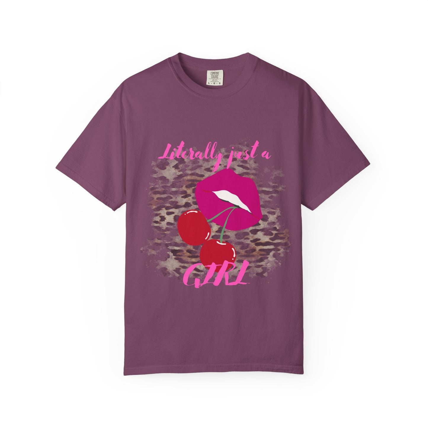 Graphic T-Shirt — "Literally Just a Girl" Pink Lips & Cherries Tee