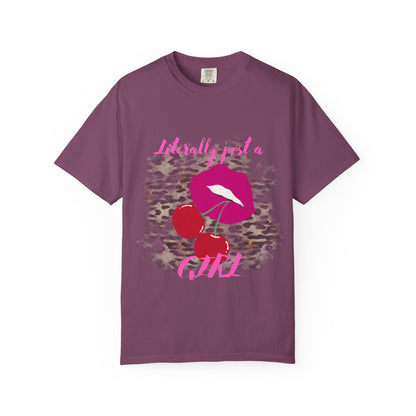 Graphic T-Shirt — "Literally Just a Girl" Pink Lips & Cherries Tee