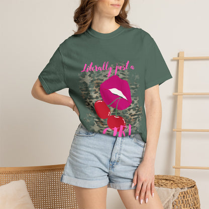 Graphic T-Shirt — "Literally Just a Girl" Pink Lips & Cherries Tee