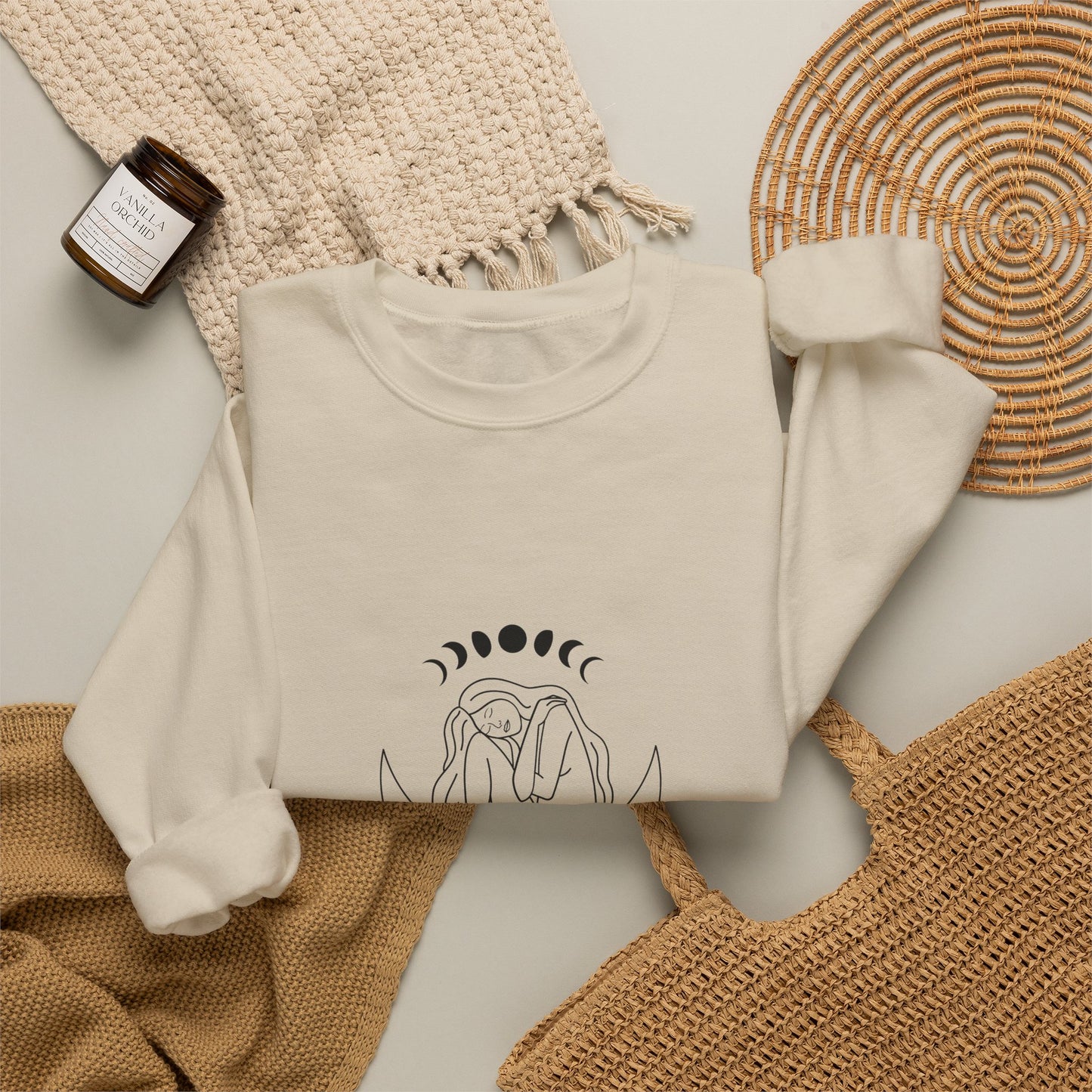 Crewneck Sweatshirt — Minimal Moon Phases Floral “The Moon Made Me Do It”