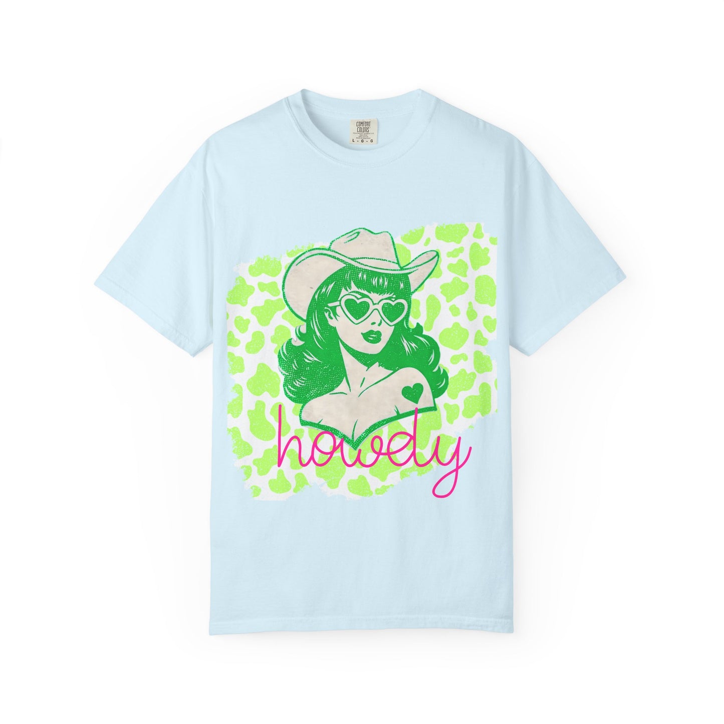 Howdy Cowgirl Graphic T-Shirt — Retro Neon Green Leopard Print with “howdy” Script