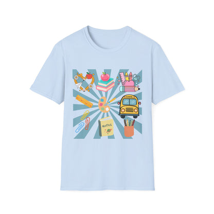 Back to School Graphic T-Shirt — Colorful School Icons (Apple, Bus, Books)