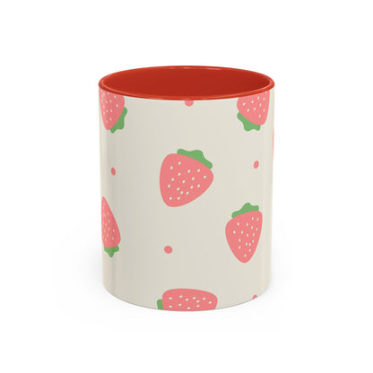 Strawberry Pattern Accent Coffee Mug — Cute Pink Fruit Ceramic Mug (11/15oz)