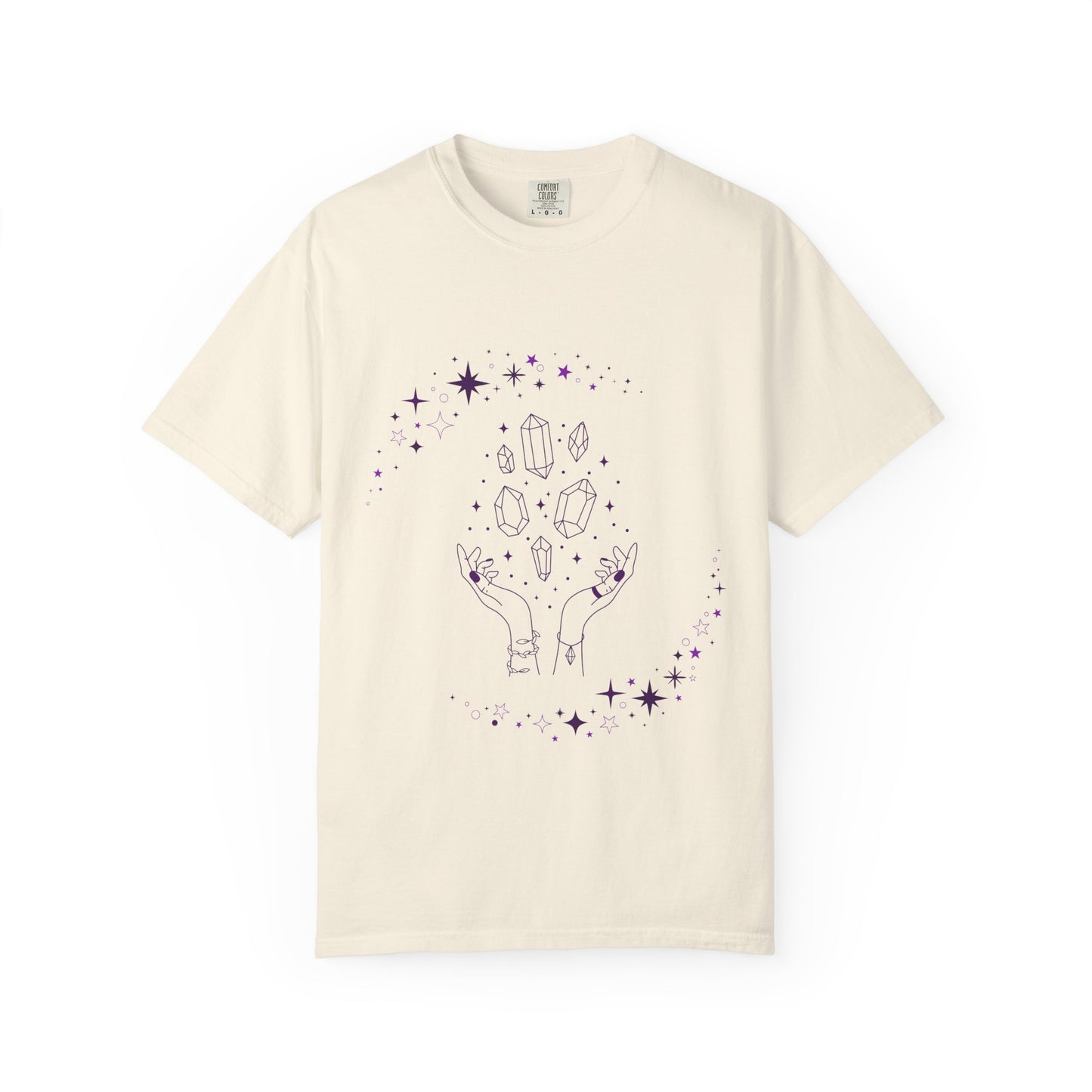 Crystal Reading T-Shirt — Mystical Hands, Floating Crystals & Stars Tee