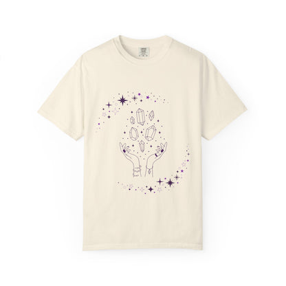 Crystal Reading T-Shirt — Mystical Hands, Floating Crystals & Stars Tee