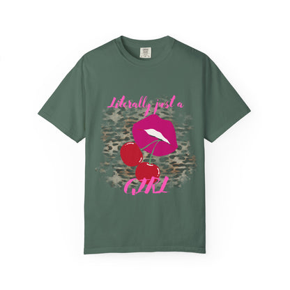 Graphic T-Shirt — "Literally Just a Girl" Pink Lips & Cherries Tee
