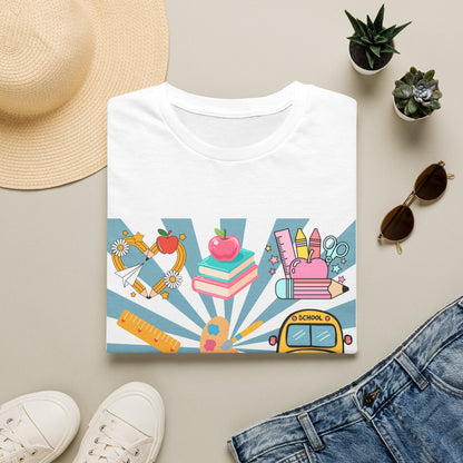 Back to School Graphic T-Shirt — Colorful School Icons (Apple, Bus, Books)
